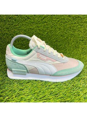 Puma Future Rider Girls Size 7C White Pink Green Athletic Running Shoes Sneakers